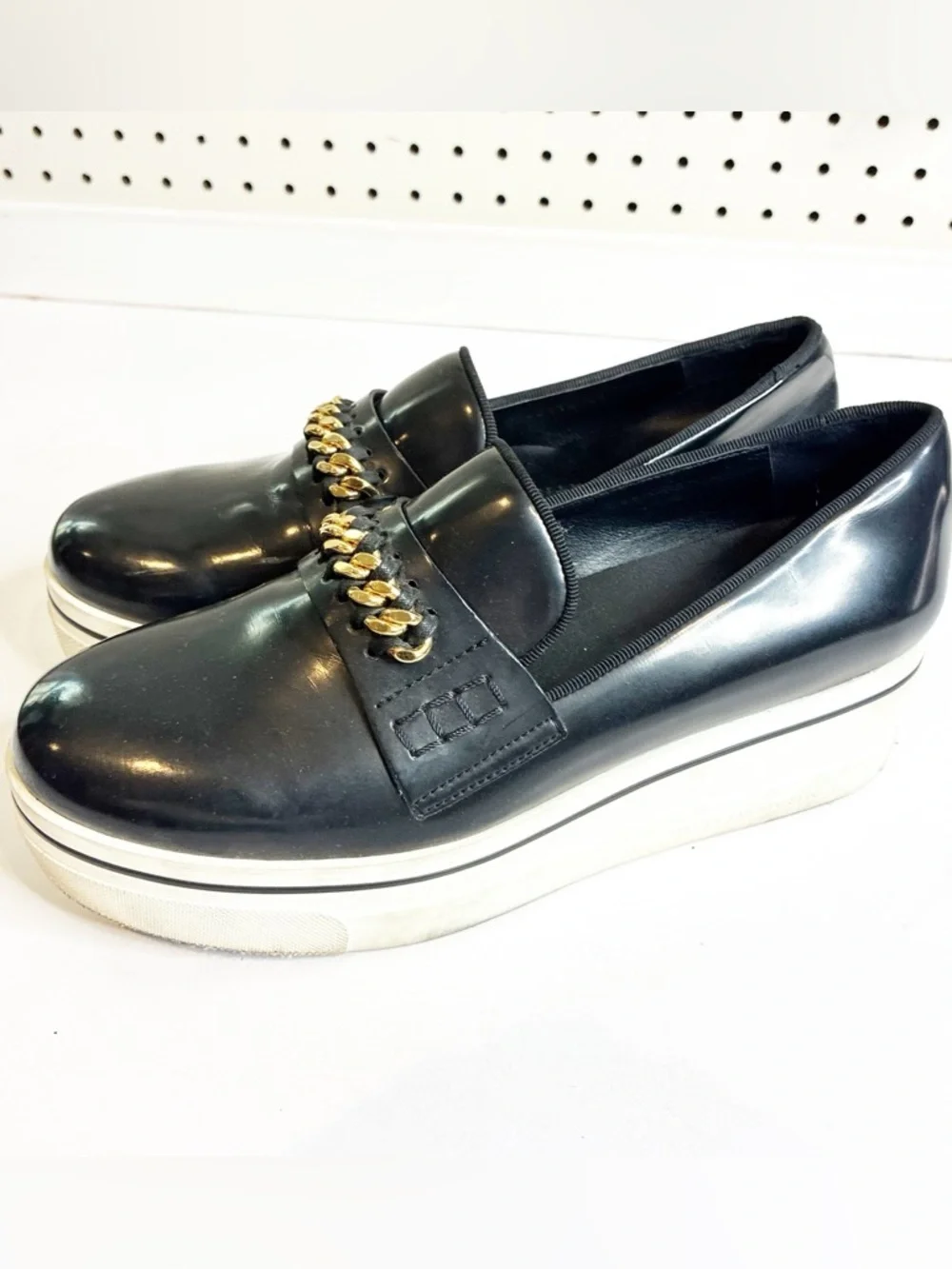 Stella McCartnery | Black Patent Leather Gold Chain Link Slip On Sneakers - Picture 3 of 5